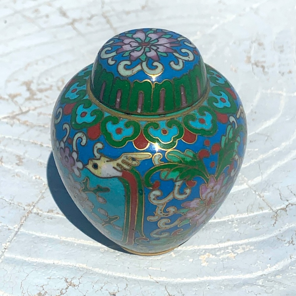 Cloisonné jar mini blue green bird floral